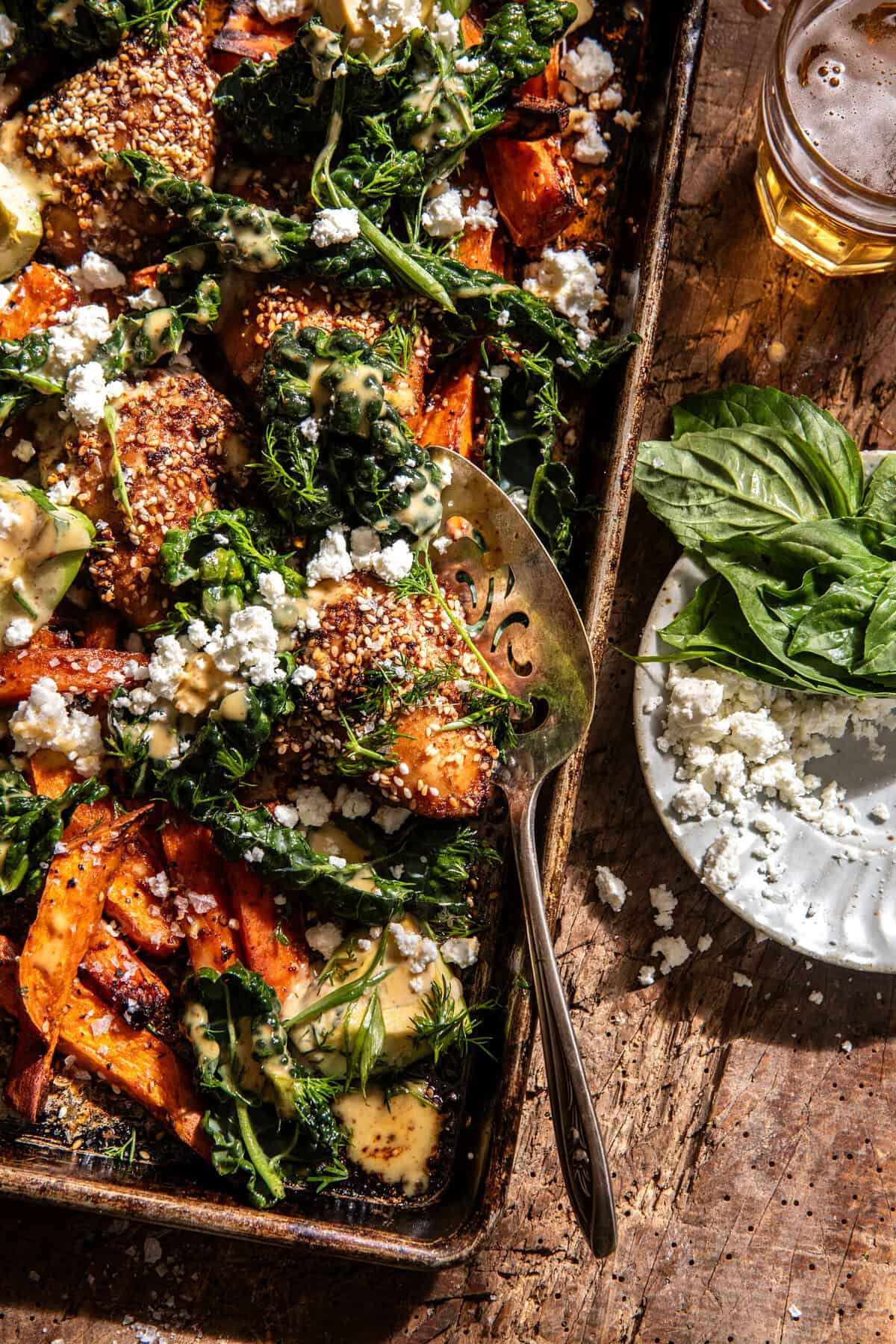 Sheet Pan Sesame Feta Chicken and Sweet Potatoes | halfbakedharvest.com