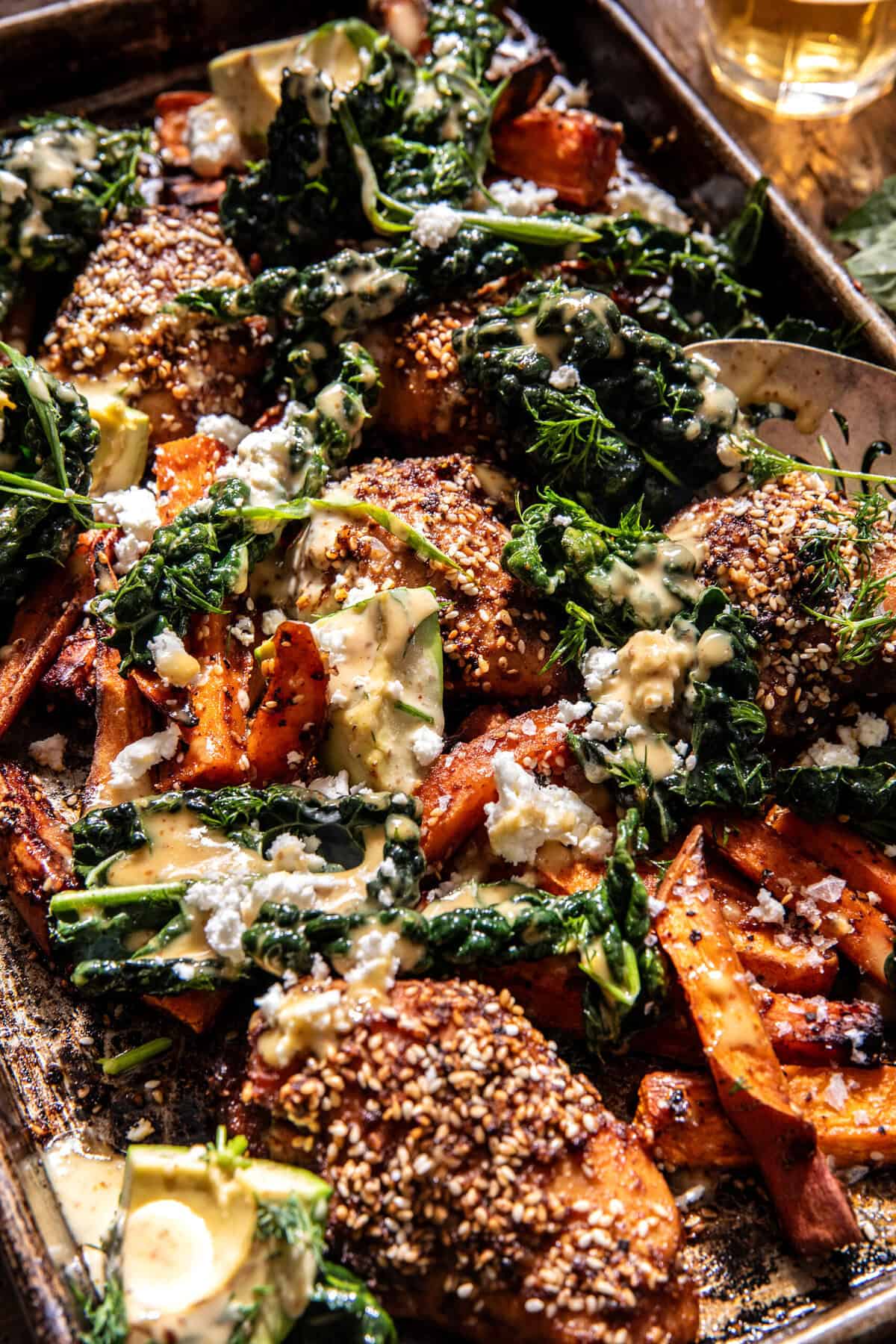 Sheet Pan Sesame Feta Chicken and Sweet Potatoes | halfbakedharvest.com