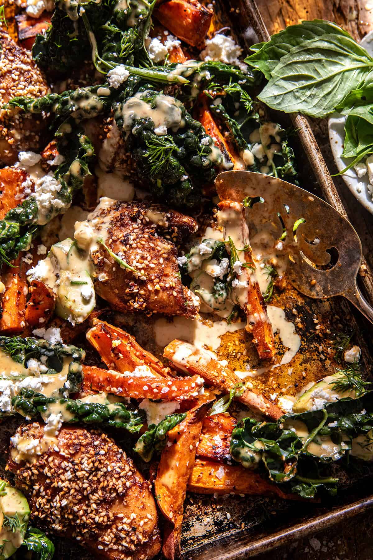 Sheet Pan Sesame Feta Chicken and Sweet Potatoes | halfbakedharvest.com
