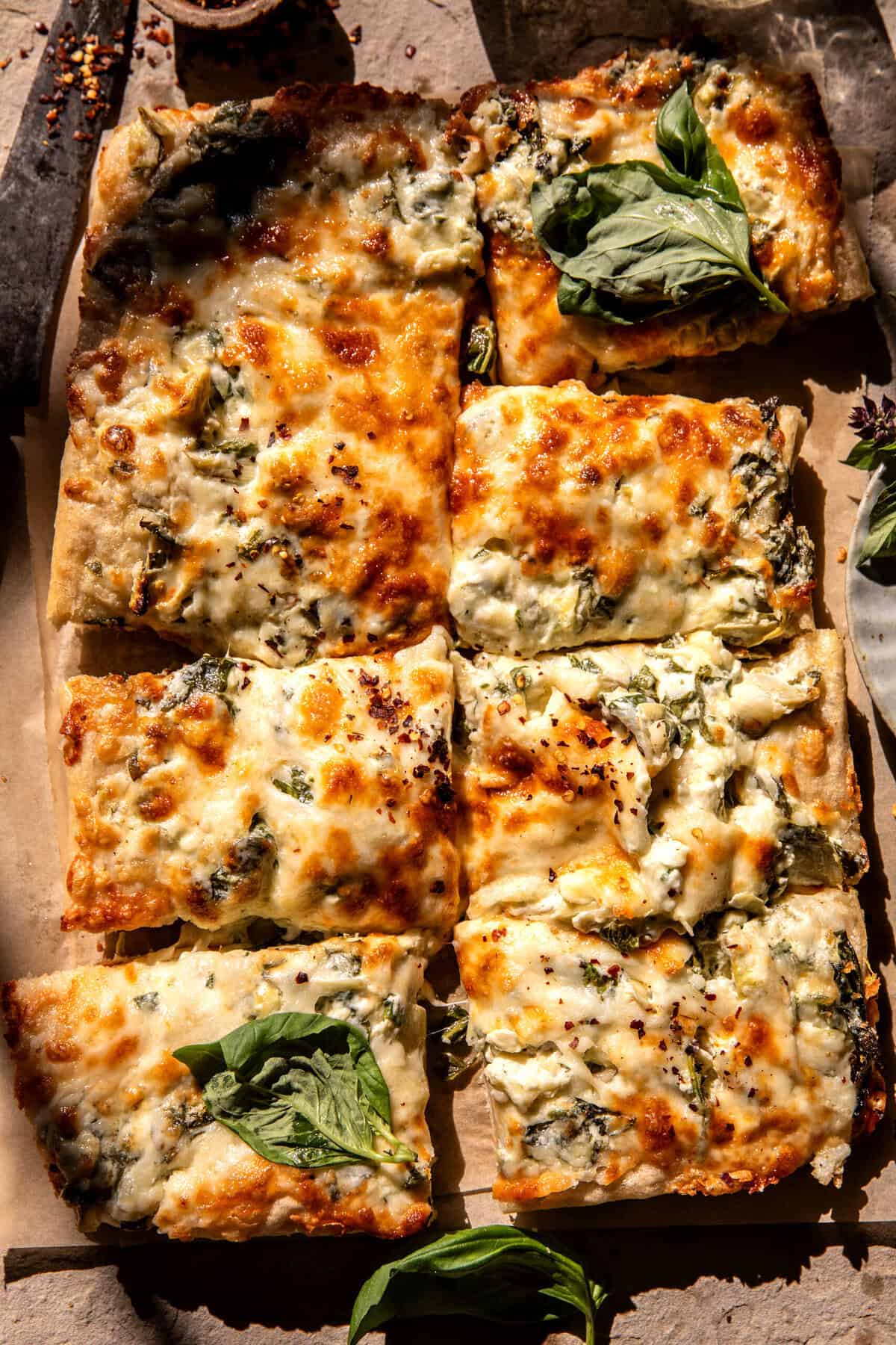 Sheet Pan Spinach Artichoke Dip Pizza | halfbakedharvest.com