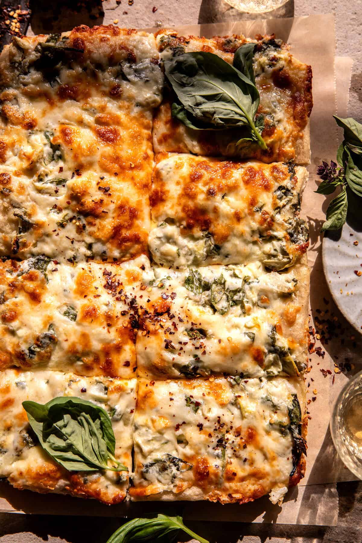 Sheet Pan Spinach Artichoke Dip Pizza | halfbakedharvest.com