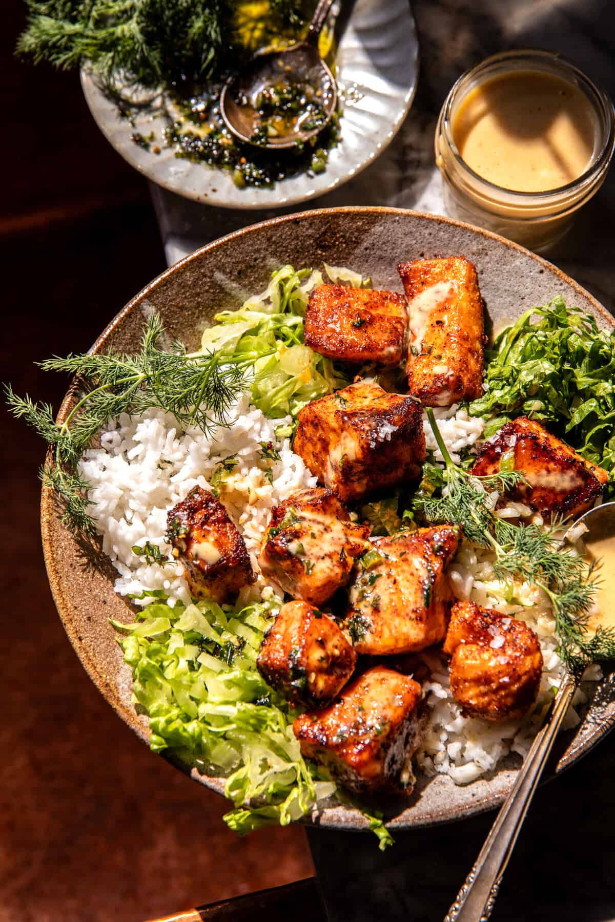 Spicy Honey Mustard Salmon Bowls halfbakedharvest.com