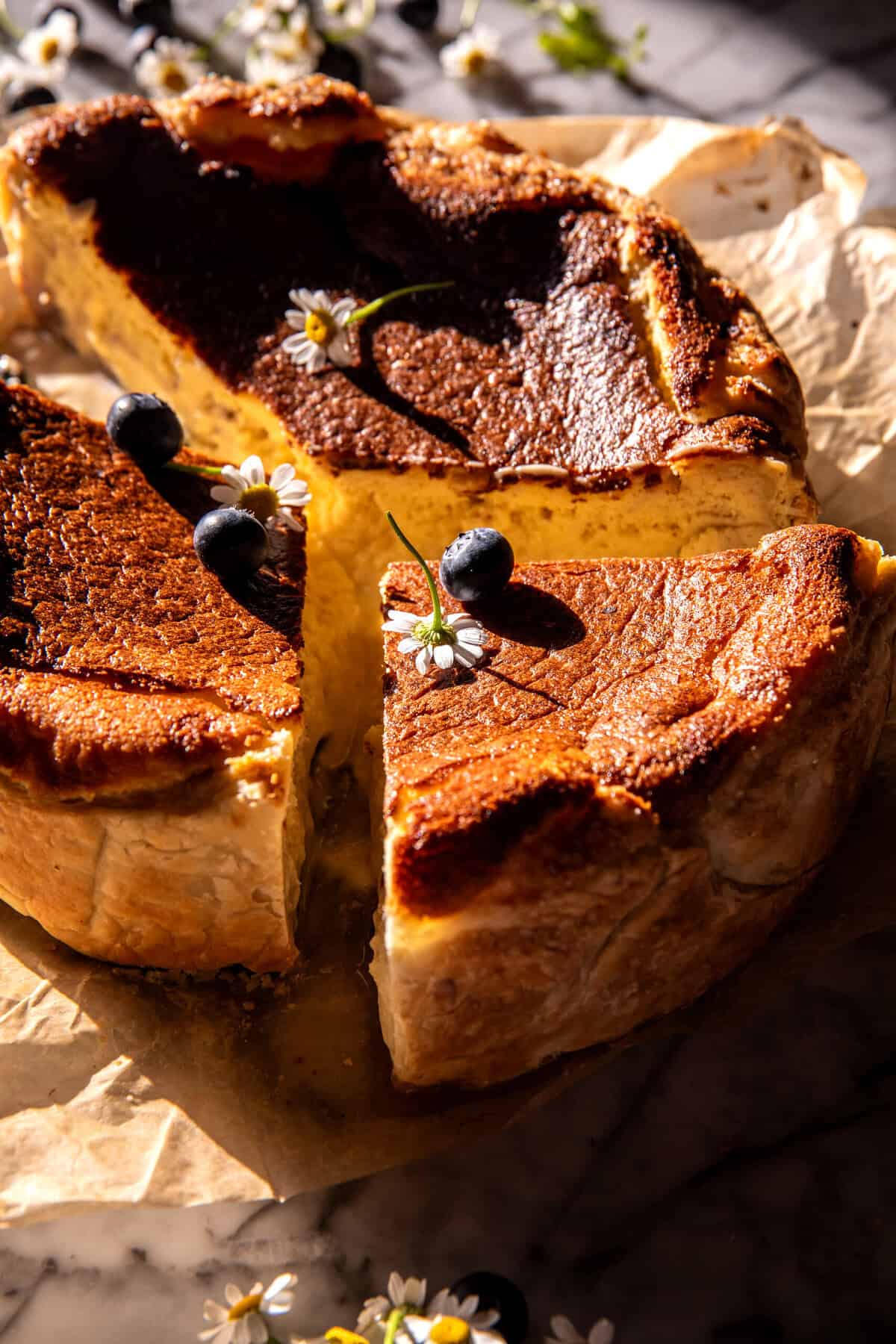Custardy Burnt Basque Blueberry Cheesecake | halfbakedharvest.com