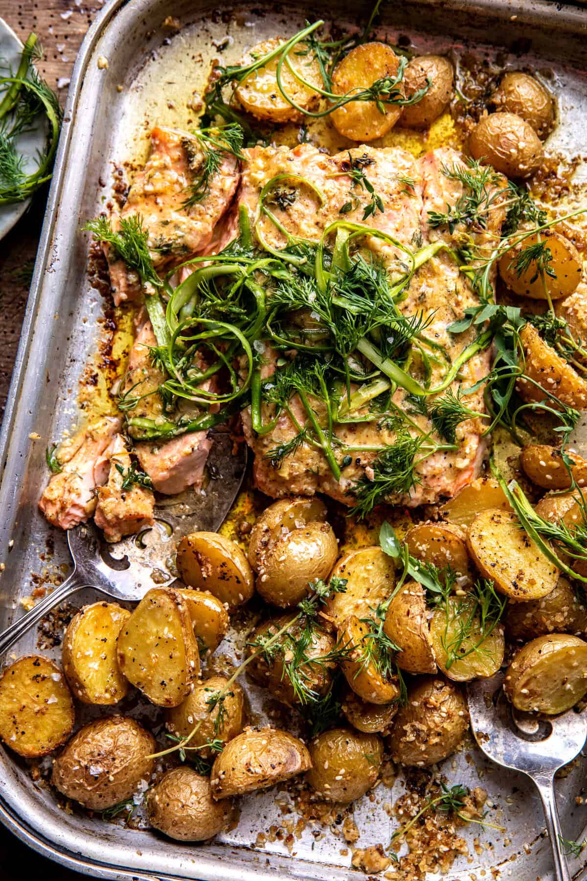 Sheet Pan Dijon Salmon and Panko Potatoes | halfbakedharvest.com
