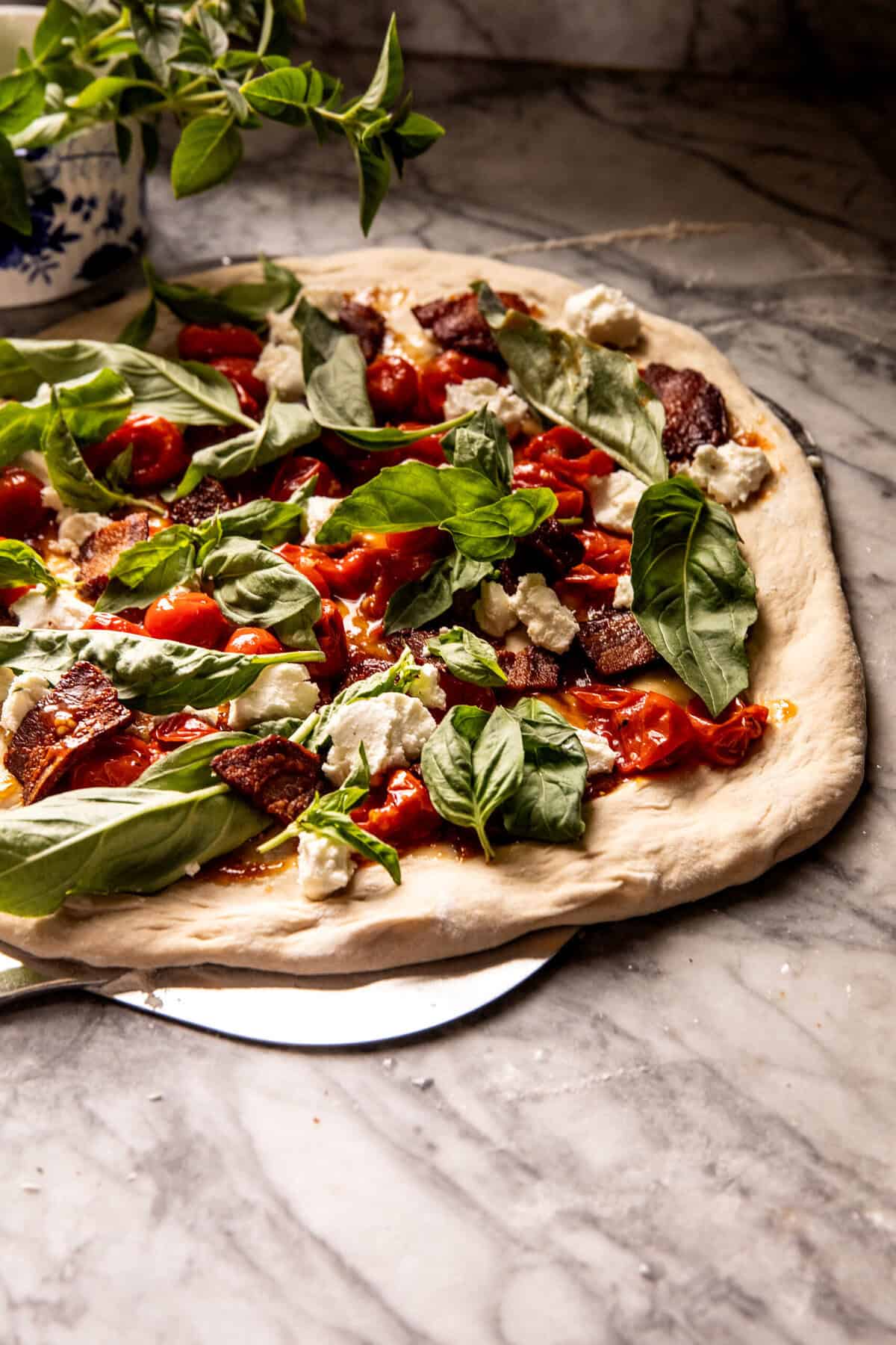 Bacon Goat Cheese Tomato Corn Pizza | halfbakedharvest.com