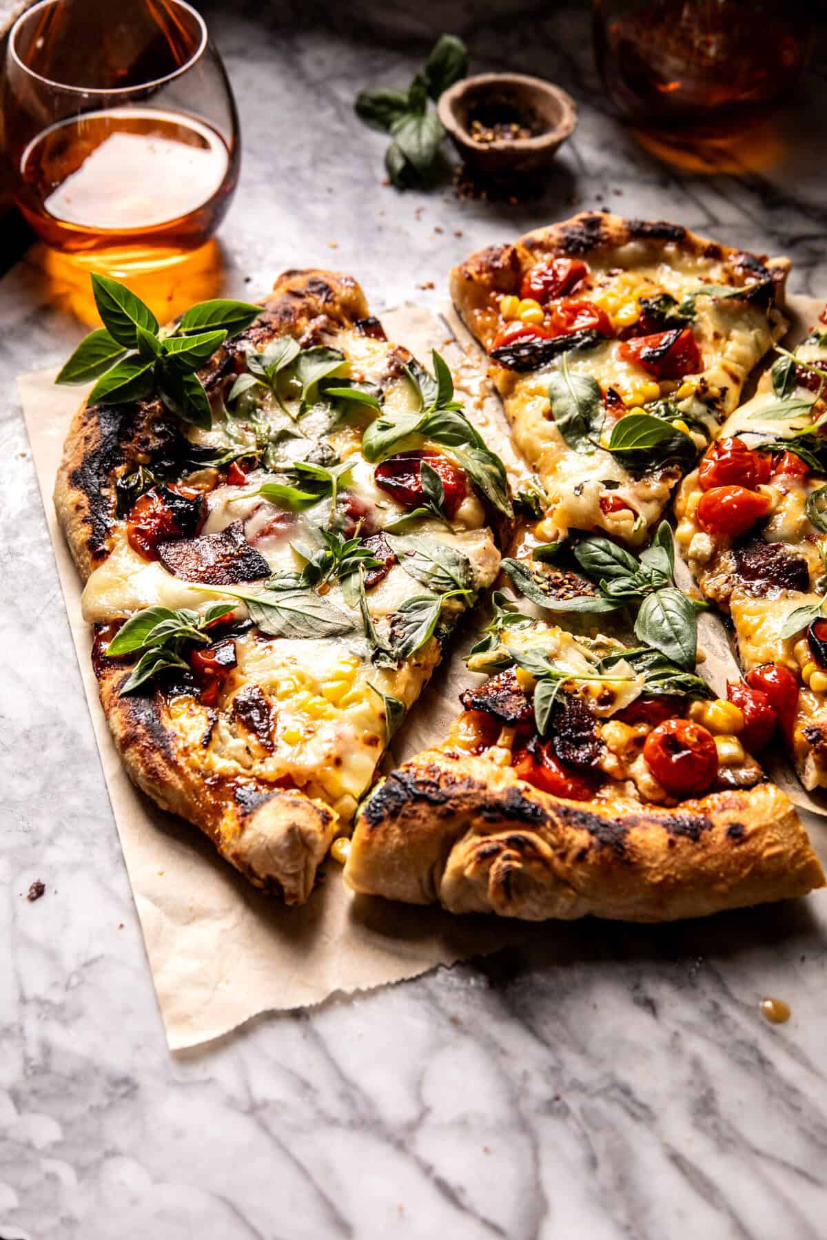 Bacon Goat Cheese Tomato Corn Pizza | halfbakedharvest.com