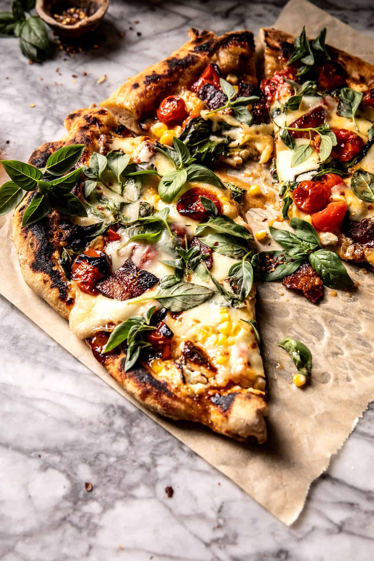 Bacon Goat Cheese Tomato Corn Pizza | halfbakedharvest.com