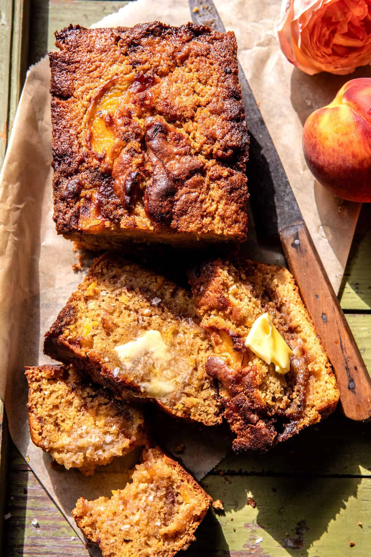 Cinnamon Crunch Peach Muffin Bread | halfbakedharvest.com