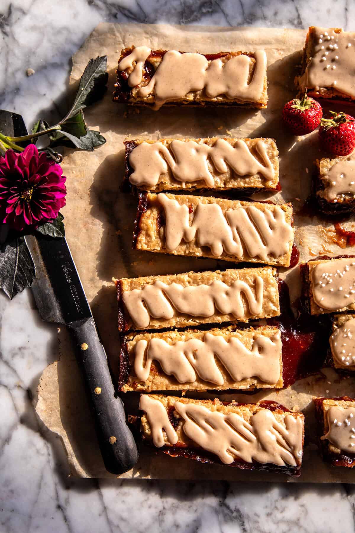 Frosted Soft Brown Sugar Strawberry Bars | halfbakedharvest.com
