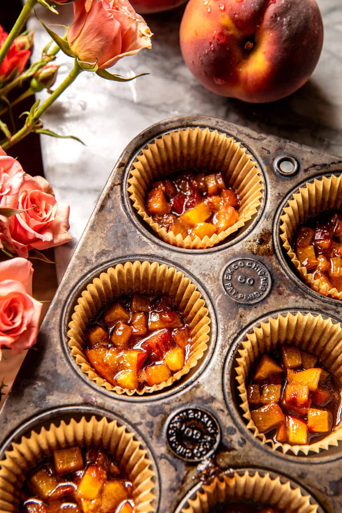 Jumbo Caramel Peach Cobbler Muffins |  halfbakedharvest.com