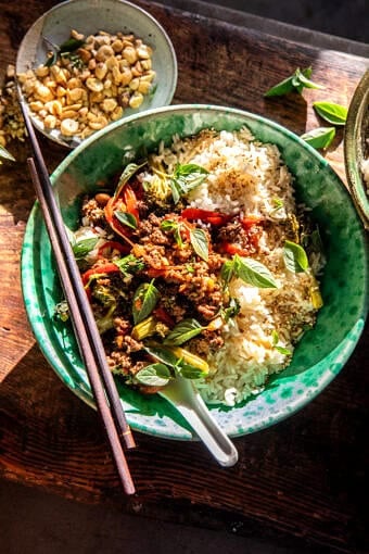 Crockpot Thai Basil Beef Sesame Rice Bowls | halfbakedharvest.com