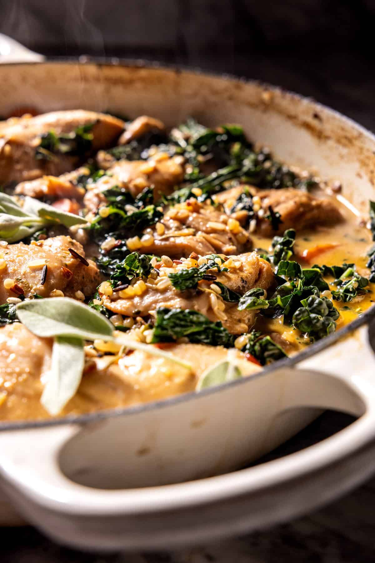 One Pot Creamy Garlic Chicken Wild Rice Casserole | halfbakedharvest.com