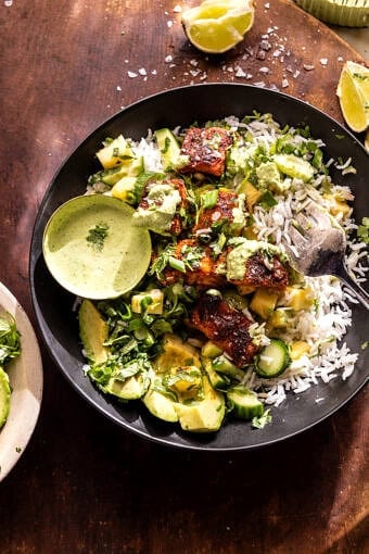 Chipotle Teriyaki Salmon Bowls with Creamy Green Sauce | halfbakedharvest.com