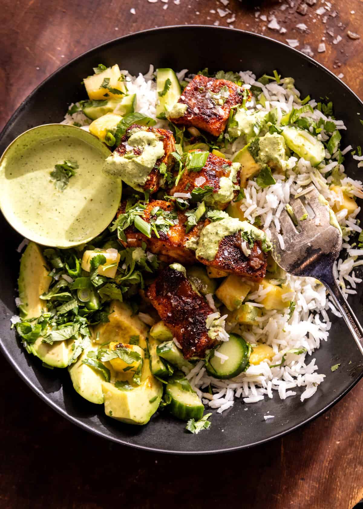 Chipotle Teriyaki Salmon Bowls with Creamy Green Sauce | halfbakedharvest.com