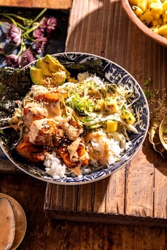 Bang Bang Salmon Bowls with Pineapple Slaw | halfbakedharvest.com