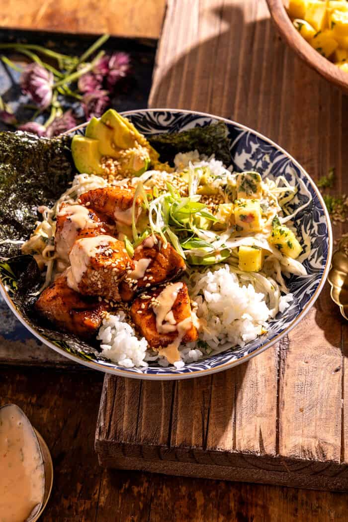 Bang Bang Salmon Bowls with Pineapple Slaw | halfbakedharvest.com