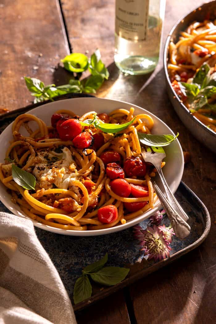 Skillet Burst Cherry Tomato White Wine Garlic Pasta | halfbakedharvest.com